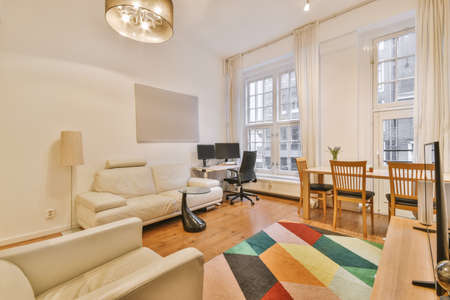 Open style apartment with a spacious living room, dining area and workspace with a computer in a...