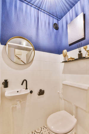 Restroom interior with washbasin, mirror and blue roof decor