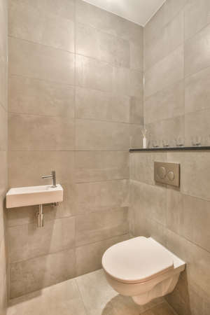 The interior of the bathroom with a toilet and a ceramic sink surrounded by tilesの写真素材