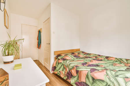 Small narrow bedroom with soft bed placed in corner against plants rack with mirror and two doors