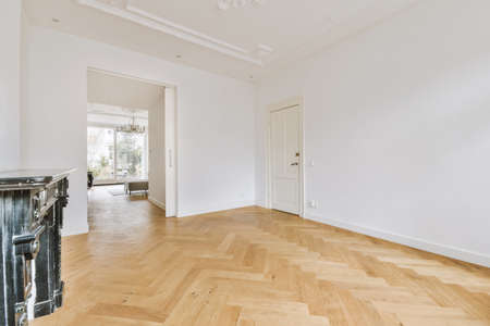 Large empty spacious bright white loft room with door to the next room