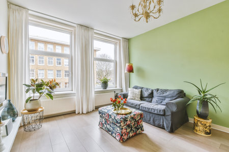 The interior of a cozy living room with a dark sofa in front of the TV right by the window
