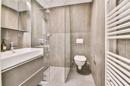 Modern bathroom in gray tones with appropriate equipment in the form of a sink shower and toilet