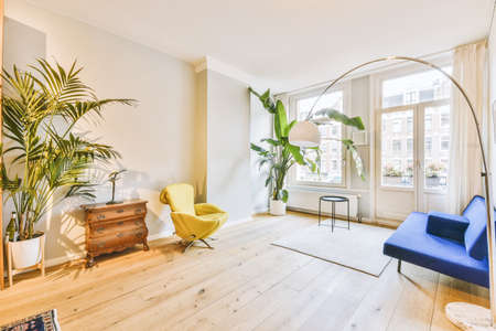 Cozy dining-room with house-plants,yellow and blue armchairs and large windowsの写真素材