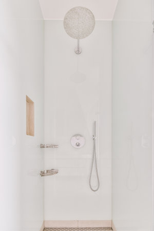 Modern shower stall in a bright bathroom