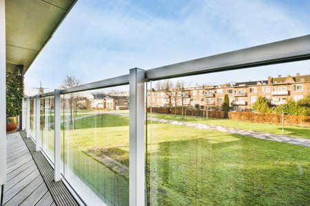 Outside view from a house balcony with glass latticeの写真素材