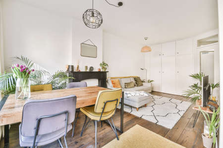 Comfortable sofa with cushions placed against light wall with TV and decorations in modern loving...