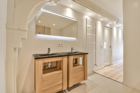 Sink with tap and liquid soap hanging on tiled wall under mirror in contemporary restroom at home