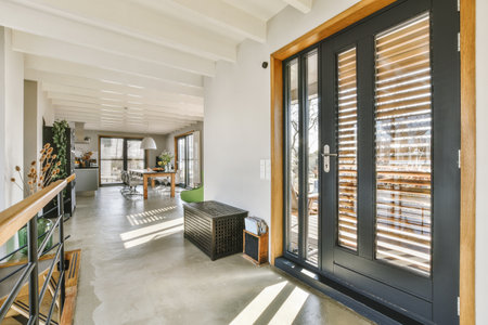 Stylish hallway with door and window to light dining room in modern house