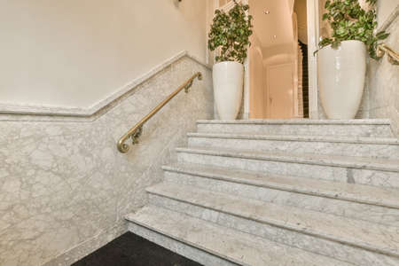 A spacious bright corridor with a marble staircase and an minimalistic plants