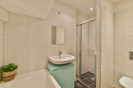 Interior of contemporary bathroom with shower, toilet, sink and white bathtub in minimal style in...