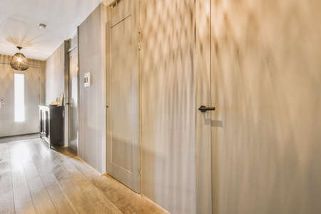 Light narrow hallway with many doors in white walls and glowing lamp over lumber floor