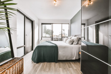 The interior of a charming bedroom in a minimalist style with decorative pillows