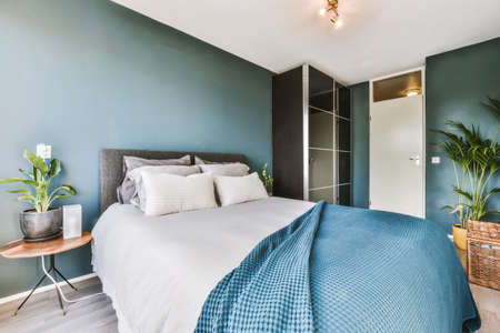 The interior of a charming bedroom in a minimalist style with decorative pillows