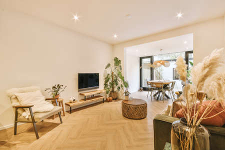 Modern living room with cozy sofa and decorations. High quality photo
