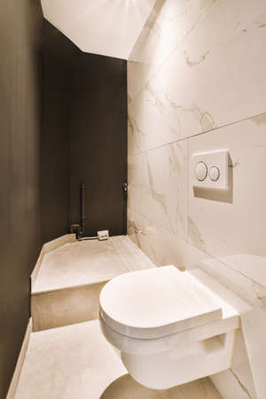 Modern toilet installed on beige wall under button and illuminated shelf in light restroom at homeの写真素材