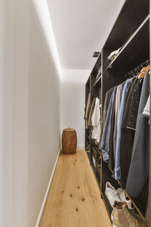 Interior of minimalist style narrow hallway with wardrobe and cabinet in modern apartmentの写真素材