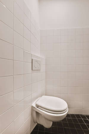 Glass partition between shower tap and wall hung toilet in modern restroom at homeの写真素材