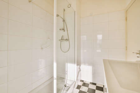 Interior of contemporary bathroom with shower and sink in minimal style in flat