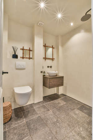 Black wall hung toilet in minimalist interior of bathroom with flowers on shelf aboveの写真素材