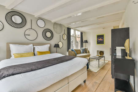 Comfortable sofa and bed placed on soft carpet near windows in cozy light living room in modern flatの写真素材