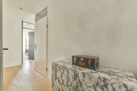 Narrow corridor with white walls and doors leading to spacious room with windows and parquet floor in modern apartmentの写真素材