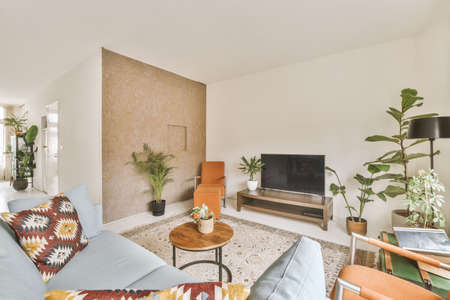 Interior of living room with comfortable sofa and TV against windows in contemporary apartment