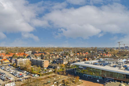 Panoramic view of high rise buildings and trees from heightの写真素材