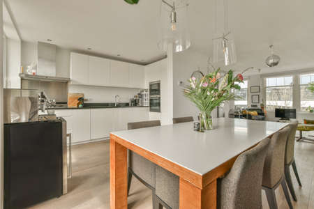 Modern minimalist style interior design of studio apartment with open white kitchen and dining zone...