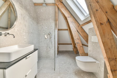 Interior of contemporary bedroom with white walls and open bathroom in attic of house