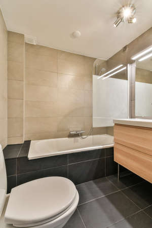 Flush toilet located between sink and shower in small tiled bathroom of contemporary apartmentの写真素材