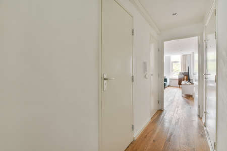 Light narrow hallway with many doors in white walls and glowing lamp over lumber floor