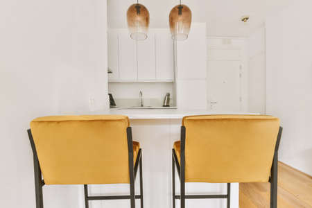 Contemporary minimalist style interior design of light studio apartment with wooden table and chairs in dining zone between open kitchen and living room with white walls and parquet floorの写真素材