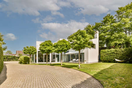 View of street near building with beauty of vagitaion outsideの写真素材