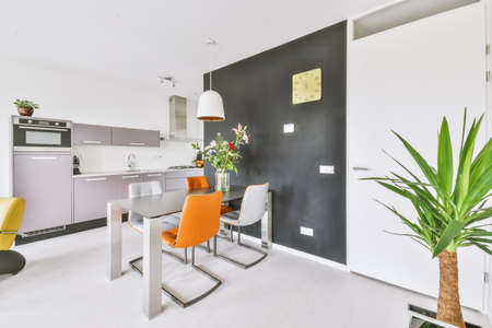 Contemporary minimalist style interior design of light studio apartment with wooden table and chairs in dining zone between open kitchen and living room with white walls and parquet floorの写真素材