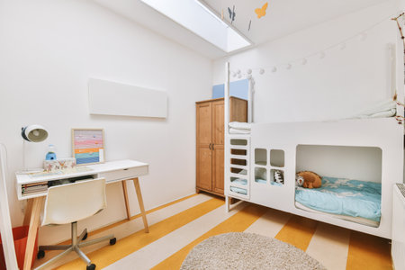 Minimalist interior of study room with parquet floor and white walls furnished with settee and table with shelf rackの写真素材