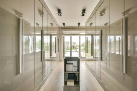 Comfortable bed with white duvet located near wardrobe and table with chair in minimalist style bedroom in modern apartmentの写真素材