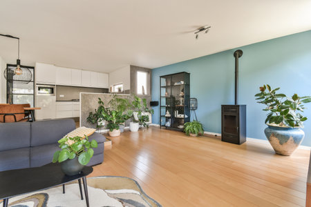 Contemporary luxury design of living room with kitchen and dining table near window