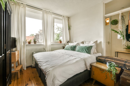 Retro bedside table and lamp located near comfortable bed and shelf with window in modern bedroom