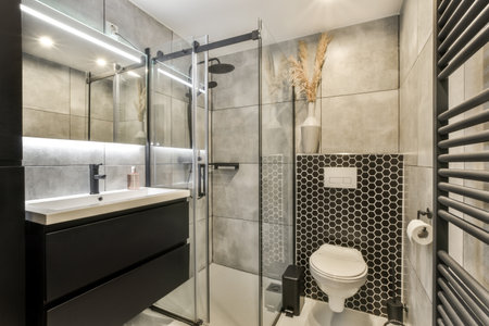 Glass partition between shower tap and wall hung toilet in modern restroom at home