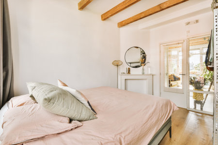 Home interior design of bedroom with bed and wooden wardrobe placed in corner near window in modern apartmentの写真素材