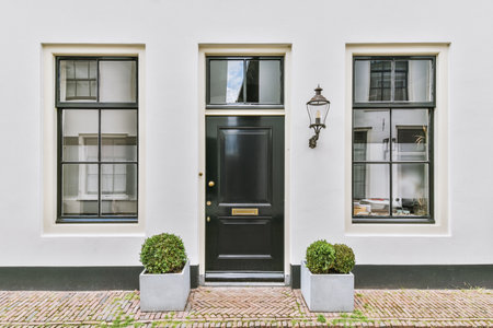 The front view of a brick building with signs, pavement and wooden doors lead to the apartment