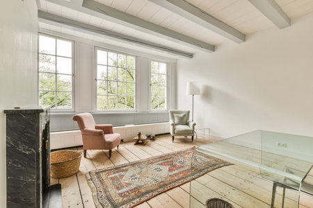 Minimalist interior of study room with fireplace and white walls furnished with settee and table...