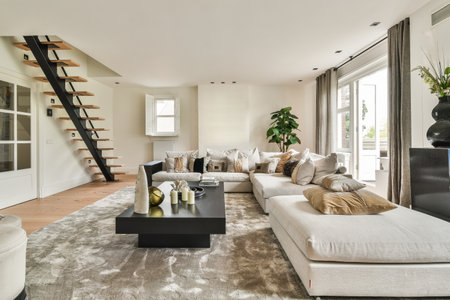 Comfortable sofa with cushions placed against light wall with TV and decorations in modern loving roomの写真素材