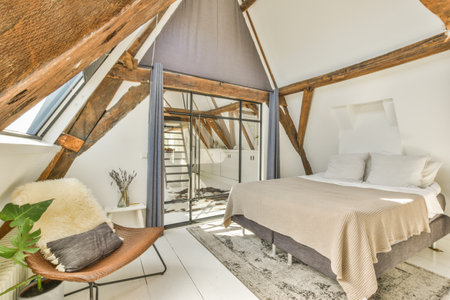 Comfortable bed placed near wall in modern minimalist style mansard bedroom with windows