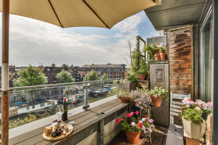 Sitting area in balcony with comfortable furniture around beautiful view