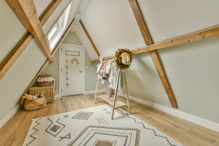 Interior of white room with baby crib and armchair near window with blue chest of drawers in...