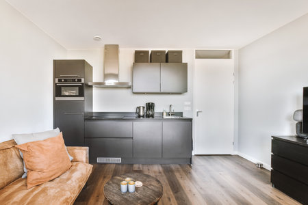 Contemporary open plan kitchen with dining table set and gray sofa in light spacious room