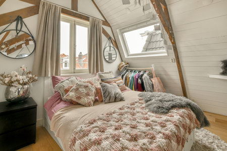 Comfortable bed covered with blanket and located in light bedroom of modern apartment