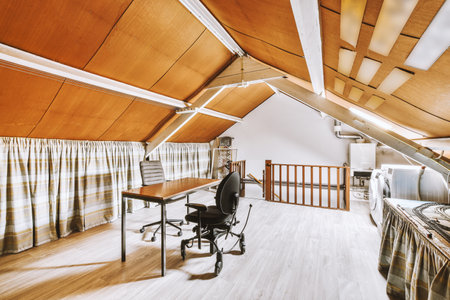 White colored living room with oriental rug furnished with gray sofa and rattan armchairの写真素材